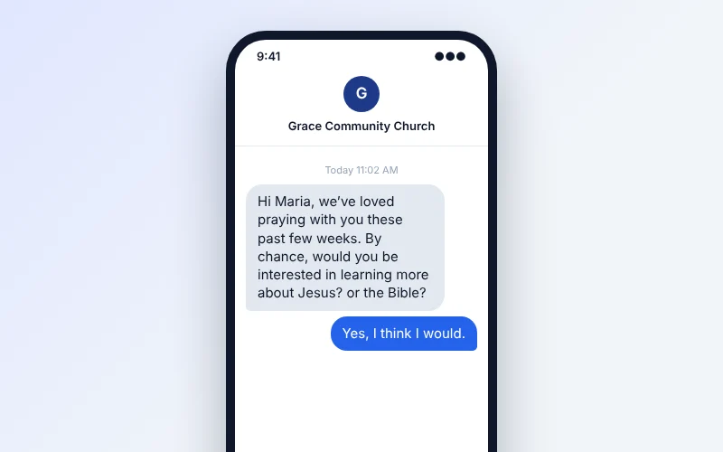 A follow-up text asking: By chance, would you be interested in learning more about Jesus, or the Bible? The requester replies yes.