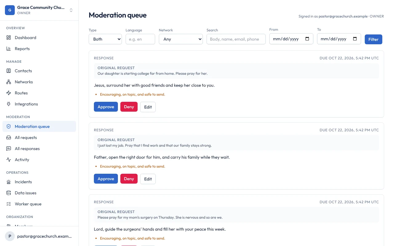 The PrayQR moderation queue, listing prayer team replies waiting for a moderator to approve them.
