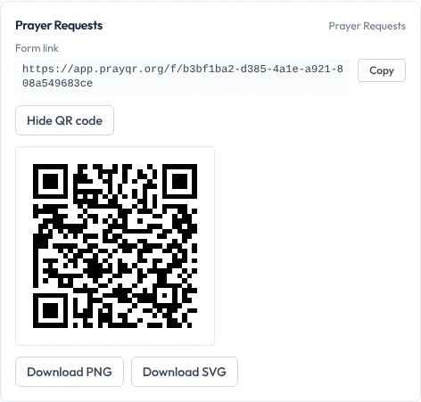 A QR code generated by PrayQR that links to a ministry’s prayer request form.