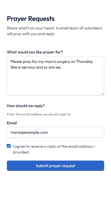 The PrayQR prayer request form on a phone, with a request being typed in.