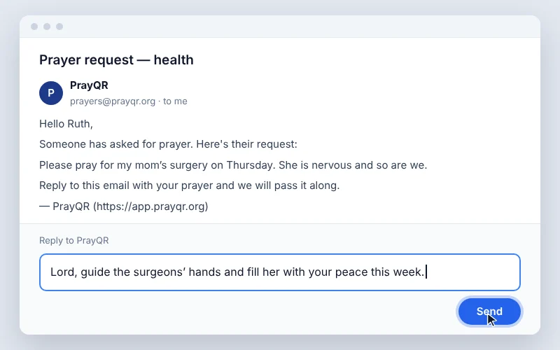 A prayer team member replying to the prayer request email with a short prayer, about to press Send.